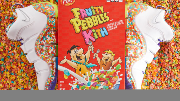 LeBron James' white Nike sneakers next to a Fruity Pebbles cereal box.